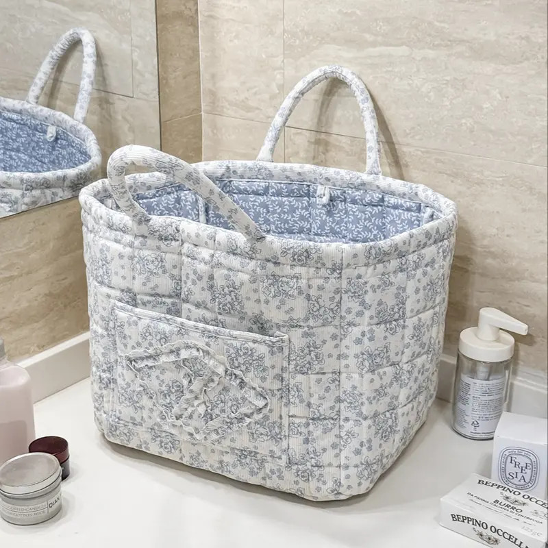 Quilted Floral Storage Basket, Car Interior & Laundry Basket, Large Capacity, Space Saving, Multi-Purpose, Casual Style, All Seasons,Christmas / Travel ,Travel Essentials, Christmas Trip
