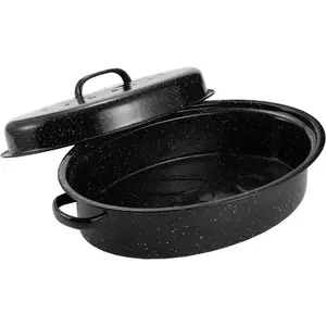 Granite Roasting Pan, Medium 16” Enameled Roasting Pan with Domed Lid. Oval Turkey Roaster Pot, Broiler Pan Great for Small Turkey, Chicken, Ham, Dishwasher Safe Fit for Roast 12Lb Bird by