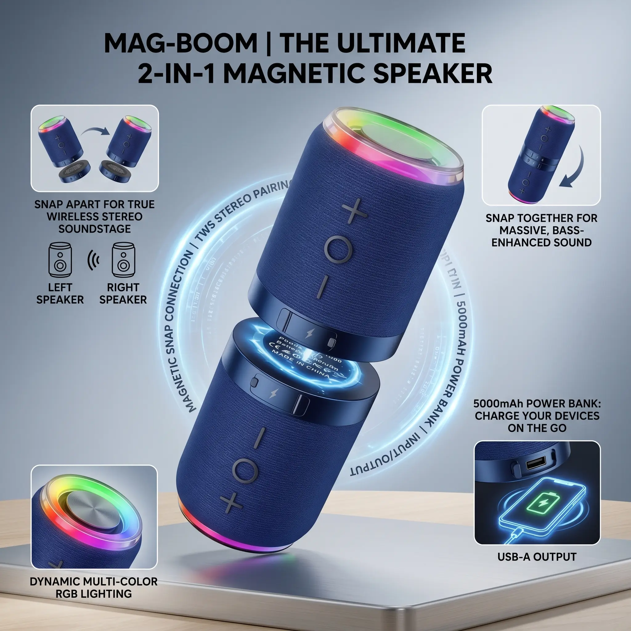Splittable Magnetic Bluetooth Speaker - 2-in-1 Waterproof Portable Audio Device, 20W Loud Stereo Sound V5.4, Rechargeable Smart Speaker for Home Entertainment, Outdoor Travel, Speaker Bluetooth