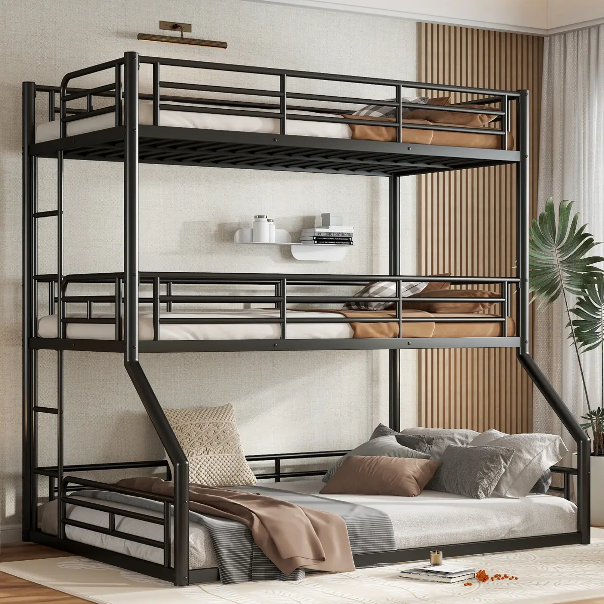 Triple Bunk Bed Twin over Twin over Full Bunk Bed,Heavy-Duty Metal Triple Bunk Bed Frame with Safety Guardrails, Heavy-duty Bunk Bed with Noise Free, Black