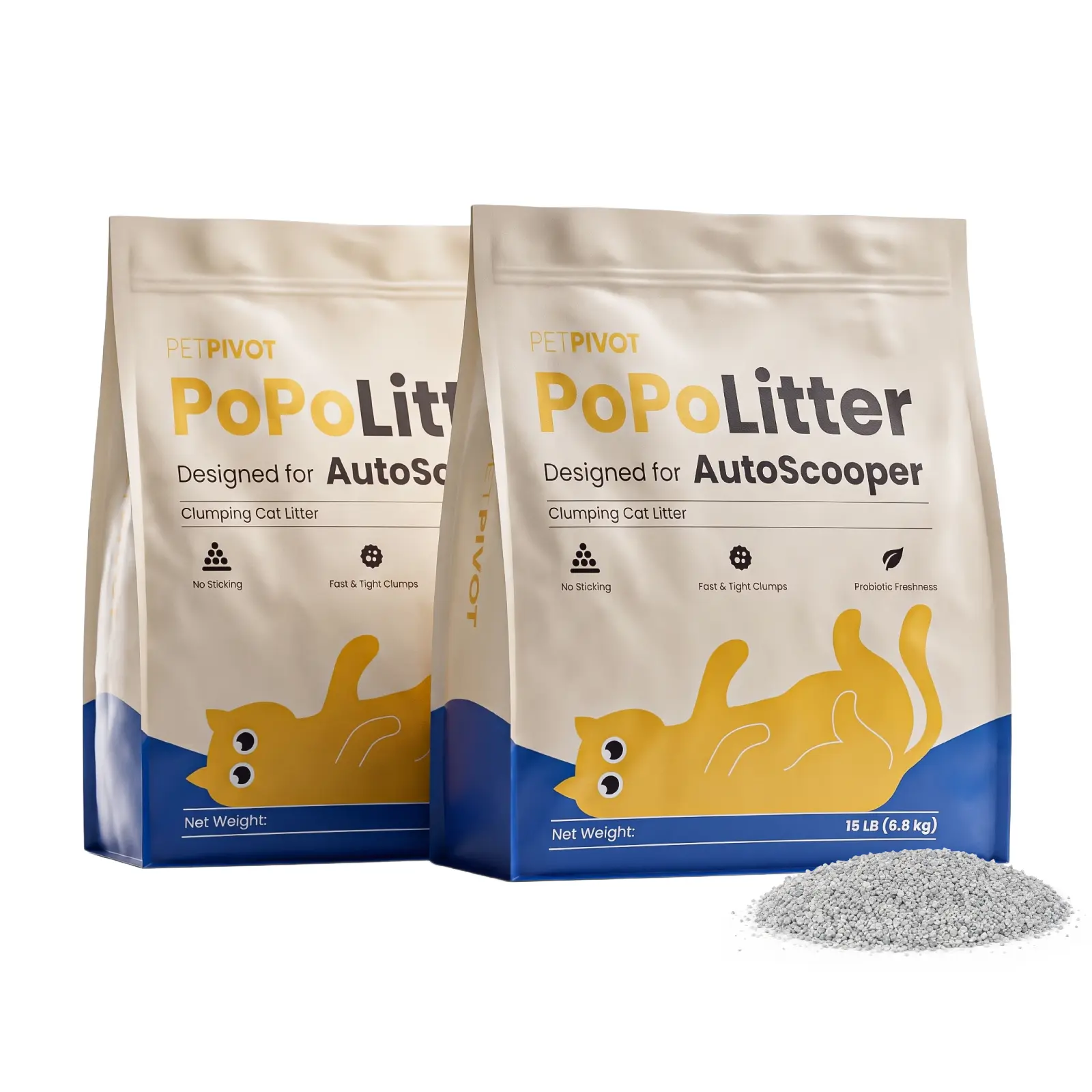 PetPivot PoPoLitter No-Stick Clumping Clay Cat Litter for AutoScooper and Automatic Litter Boxes, Fast Firm Clumps, Probiotic Odor Control, Low Dust, Made in USA, 30 lb (2 x 15 lb Bags)