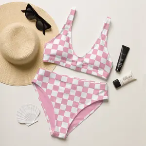 Doll Pink Checkered High Waisted Bikini Set  Modest Vintage Retro Bikini  Checked Swimsuit  Pink Bathing Suit
