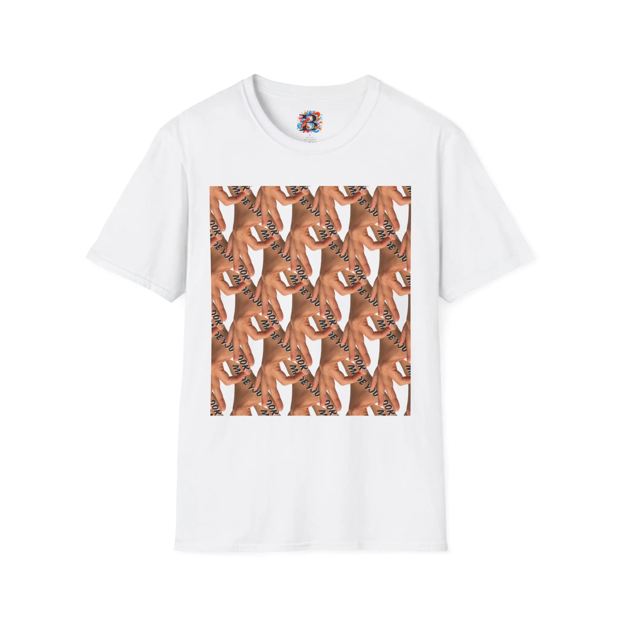 Made You Look Hand Graphic T-Shirt Repeating Hand Pattern White Tee 100% Ring Spun Cotton Oeko Tex Certified