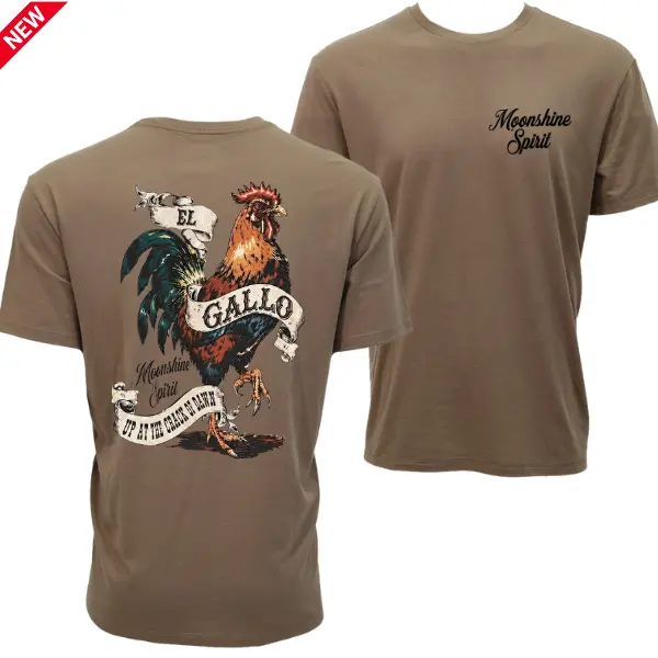 Moonshine Spirit El Gallo T-Shirt, Rooster Graphic, Vintage Western Artwork, Front Back Print, Rustic Country Style, Casual Short Sleeve Tee, Gift For Men