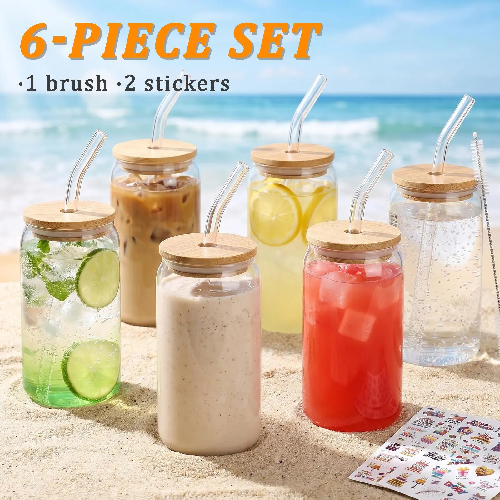 16 Oz Drinking Glasses with Bamboo Lids and Glass Straw - 6 Pcs Glass Cups Beer Ice Coffee Glasses Cute Aesthetic Cup Great for Coffee Bar Accessories Include 2 Cleaning Brushes & 2 stickers