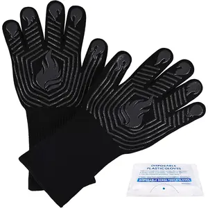 BBQ Gloves, 1472?F Heat Resistant Fireproof Mitts,  Non-Slip Washable Oven Kitchen Gloves for Barbecue, Grilling, Cooking, Baking, Camping,  (Black)