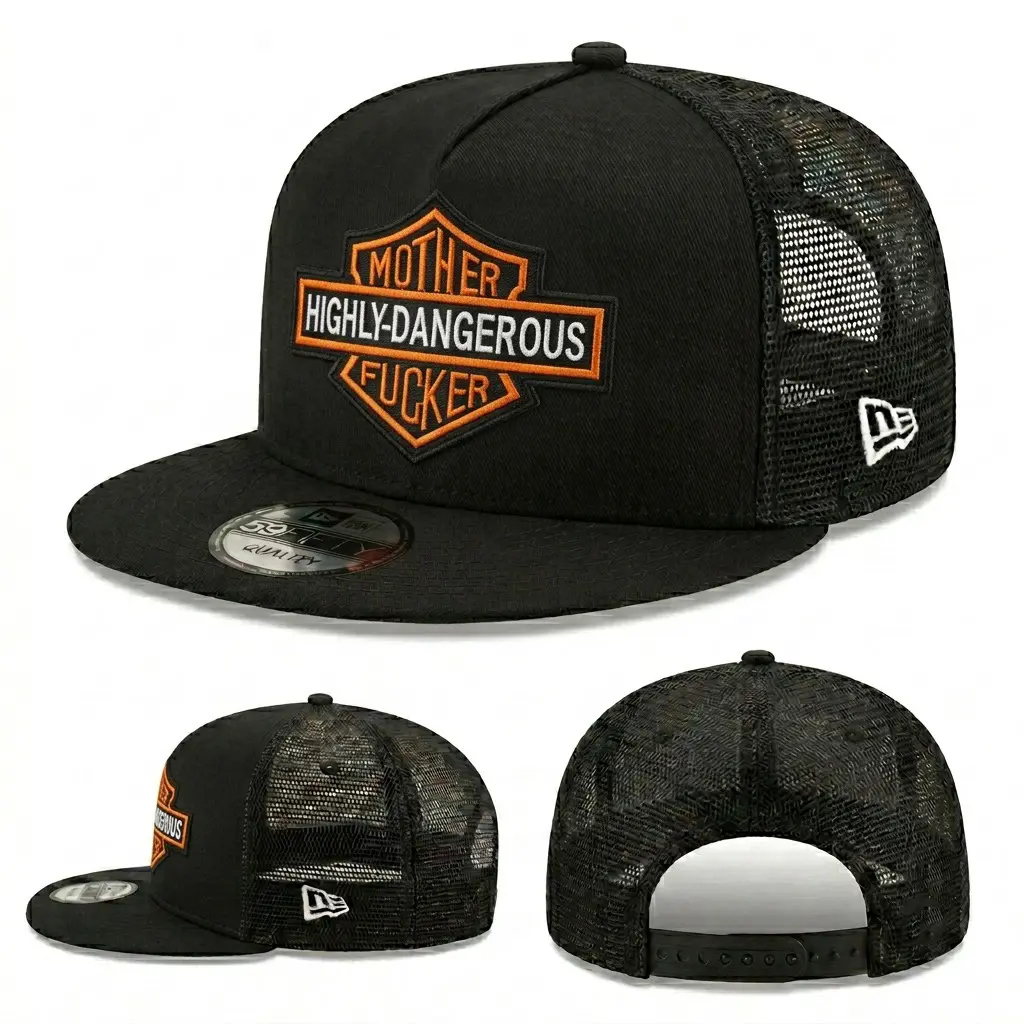 Highly Dangerous Biker Patch Embroidered Black Trucker Hat, Vintage Motorcycle Mesh Snapback Cap with Flat Brim, Retro Rider Streetwear Hat for Men, Classic Garage Style Headwear, Road Trip Cap, Motorcycle Enthusiast Gift and Casual Outdoor Hat