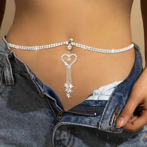Heart Tassel Belly Button Ring Waist Chain Sexy Simple Rhinestone Body Chain