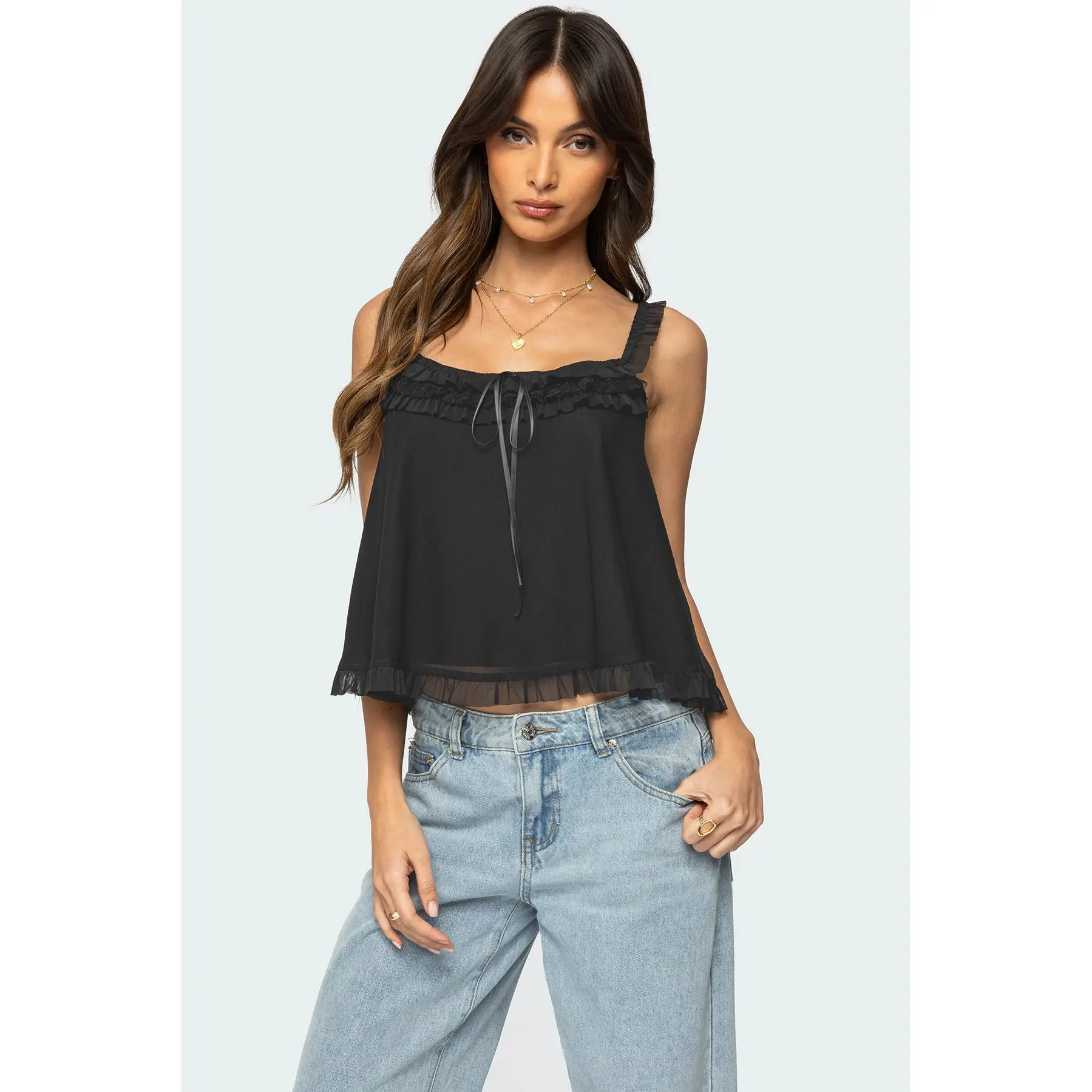 Ruffle Mesh Babydoll Tank Top