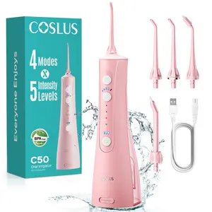 COSLUS C50 Portable Water Flosser for Teeth: 4 Modes & 5 Intensity Levels Professional Electric Dental Pick for Sensitive Gums, Braces & Orthodontic - Cordless for Travel Use, for Adults, BPA-Free, Pink