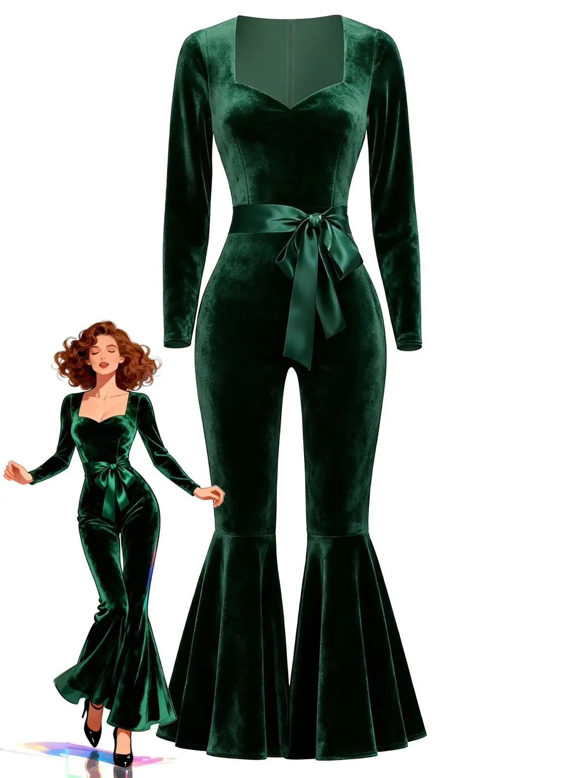 RETRO STAGE Women's 1970s Vintage Green Velvety Jumpsuit, Fitted Long Sleeve Sweetheart Neck with Belted Flare-Leg, Dry In Shade, Back Zipper, Fitted Cut, Standard Sizes, M