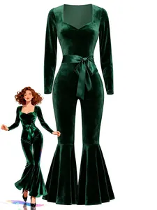 RETRO STAGE Women's 1970s Vintage-Inspired Green Sweetheart Overalls - Longsleeve Fitted Elegant Velvety Flare-Leg Jumpsuit, Chic Lady's Trendy Womenswear Set, Longsleeves