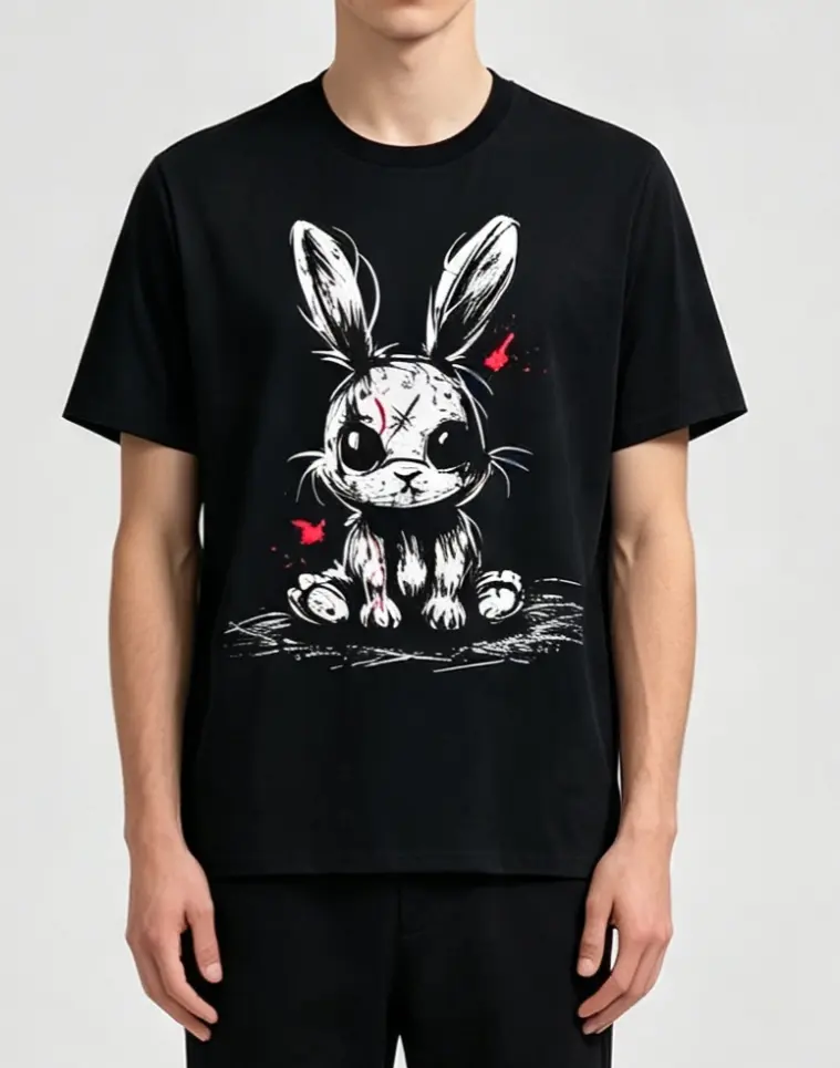 Stitched Horror Bunny Blood Splatter Grunge Gothic Graphic T-Shirt, Dark Creepy Doll Aesthetic Casual Short Sleeve Tee Crewneck Big Unisex Vintage cotton summer streetwear statement tee funny meme