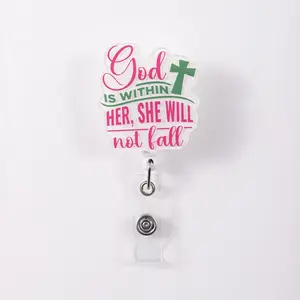 1pc Cross Decoration, 'god Is Within Her' ID Card Holder Clip, Nurse Badge Reel, Powerful Design, Christian Jewelry Accessory, Badge Accessories