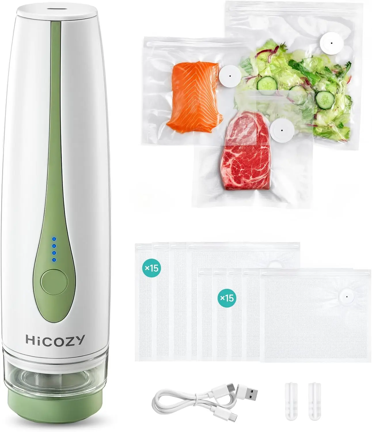 HiCOZY Handheld Bagged Vacuum Sealer Machine, Powerful Compact Model with Visible Water Tank, LED Battery Display, 30 BPA-Free Reusable Bags, Green, Bagged Vacuum Sealers dealsforyoudays