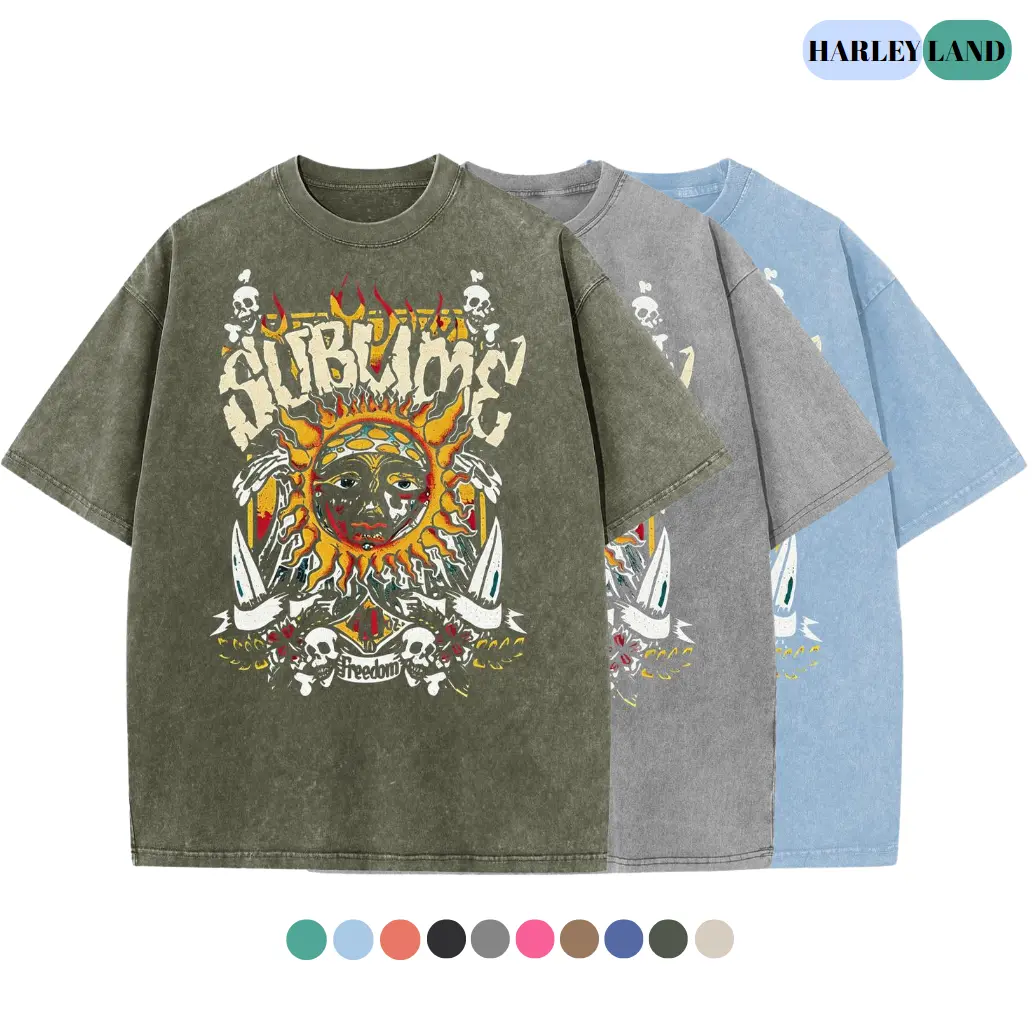 Women's Acid Wash T-Shirt, Retro Sun Graphic Tee in Soft Heavyweight Cotton, Oversize Aesthetic Casual Top, Tops, Fabric, Everyday, Basic, Women's Clothes, T Shirts, Streetwear, Short Sleeve, Baggy, Round Neck, Outdoor, Graphic Shirts