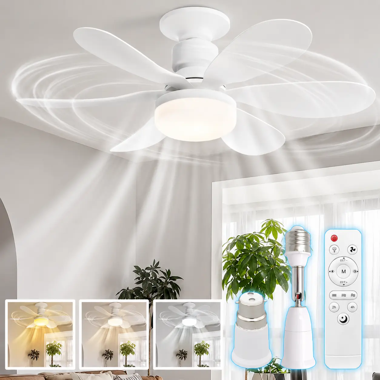Socket Ceiling Fan Light with Remote Control, E27 & B22 Base 100W Dimmable LED (3000K-6500K Color Temperature), 3-Speed Silent Tool-Free Light Socket Fan, Moving & Apartment Essentials for New Home