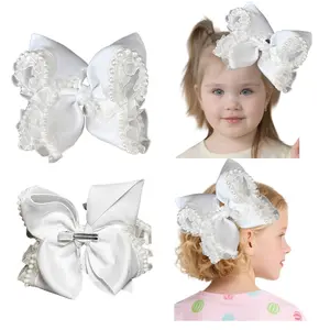 JoyBowie 8-inch Handmade Beaded Silk Ribbon White Bow Crocodile Hair Clip, Perfect for Baby Girls, School Park, and Holiday Gifts,Hair accessory gift