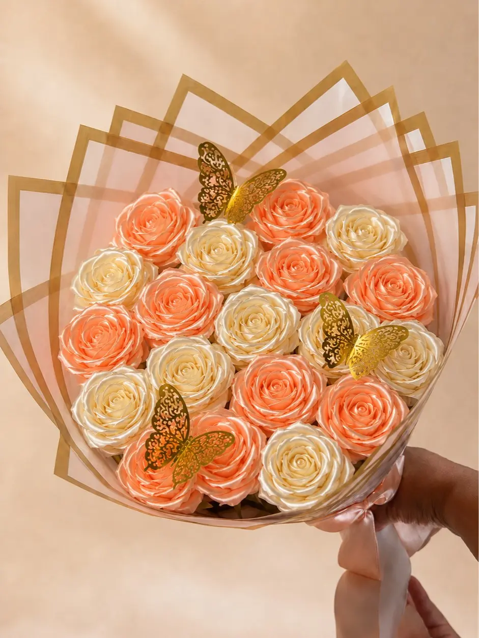 NORELD Handmade Satin Rose Bouquet – 20 Peach & Ivory Flowers with Gold Butterflies