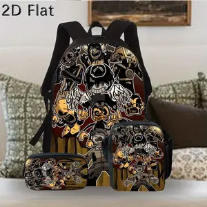 Durable Water Resistant 3-Piece Backpack Set for Kids, Lightweight School Bag with Lunch Box, Featuring Bendy and the Ink Machine All Character Collage Full-Print, Dripping Ink Dark Red Background for Horror Indie Game Fans Daily School & Casual Use