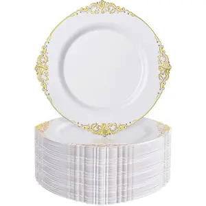 100 count White and  Plastic Plates - 7.5inch  Disposable Plates - Heavyweight Plastic Dessert Plate for Wedding & Party & Thanksgiving