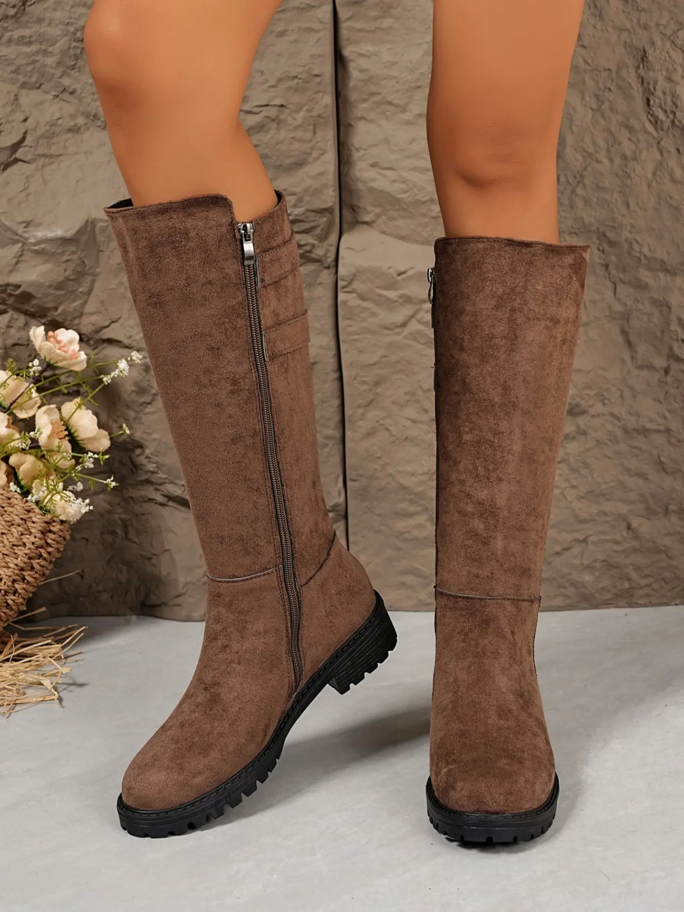 Women's Plain Mid-Calf Boots, Dual Buckle Low Heel, Vintage Metal Buckle Design, Soft Suede, Comfortable All-Day Wear, Fall & Winter, Western Boots, Western Style Boot