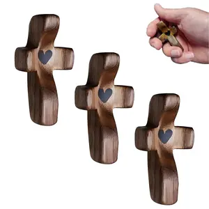 Christian 3-Piece Pocket-Size Olive Wood Handheld Prayer Cross Set - Wooden Christianity Relaxation Tool, Minimalist Religious Decorations, Cross Religious Decorations, Stress & Anxiety Relief, Gift for Loved Ones
