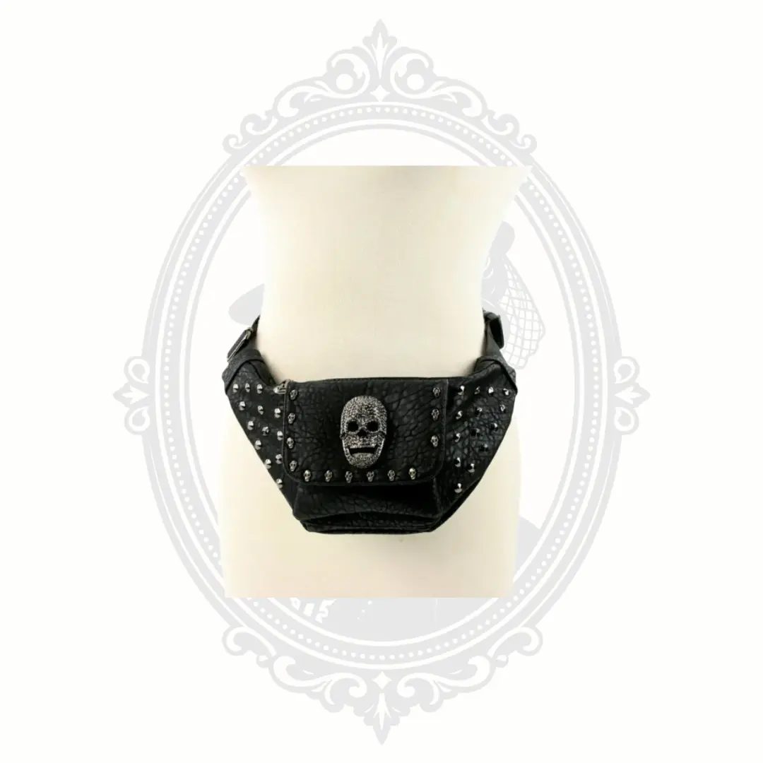 Studded Black PVC Bum Bag with Rhinestone Skull, Gothic Punk Crossbody Waist Pack with Multiple Zip Pockets, Rhinestones, Stud Detailing, Textured Vinyl, Skull Accent, Skull Motif