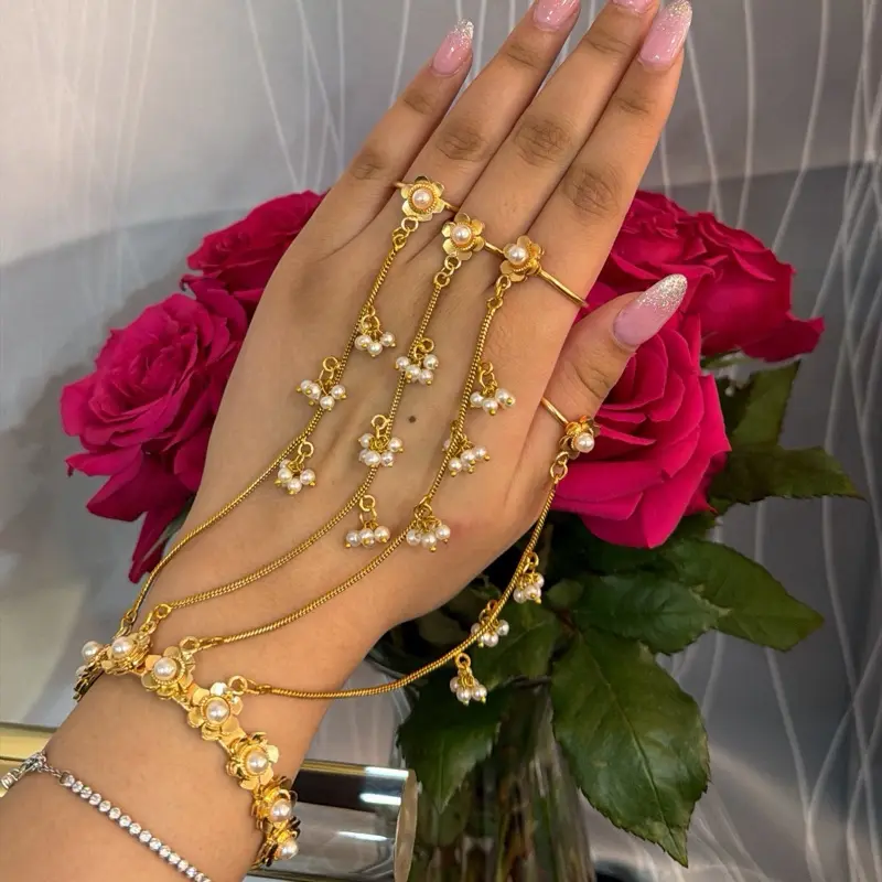 Gold Plated Kashmiri Haath Phool Th - Elegant Hand Chain with Pearls and Floral Design for Women