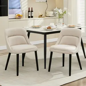 Set of 2 Upholstered Dining Chairs, Modern Linen Fabric Accent Chairs with Wood Legs, Comfortable Side Chairs for Dining Room, Kitchen, Café, Living Room, Sillas de Comedor, Beige