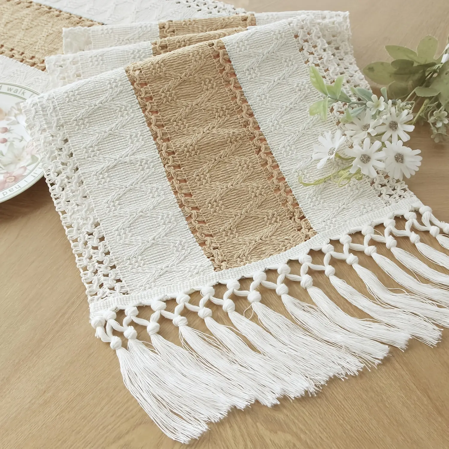 Natural Burlap Boho Table Runner for Home Decor with Tassels Modern Farmhouse Table Decor Rustic Macrame Burlap Table Decoration for Long Table Decor for Christmas, Thanksgiving, Bridal Showers, Living Room - No Assembly Required, 75x12 Inch