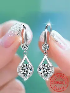 S925 Sterling Silver Elegant Glittering Water Drop Shaped Dangle Earrings, Fashionable Dangle Earrings for Women, Wedding Engagement Anniversary Gift, Teardrop Earrings
