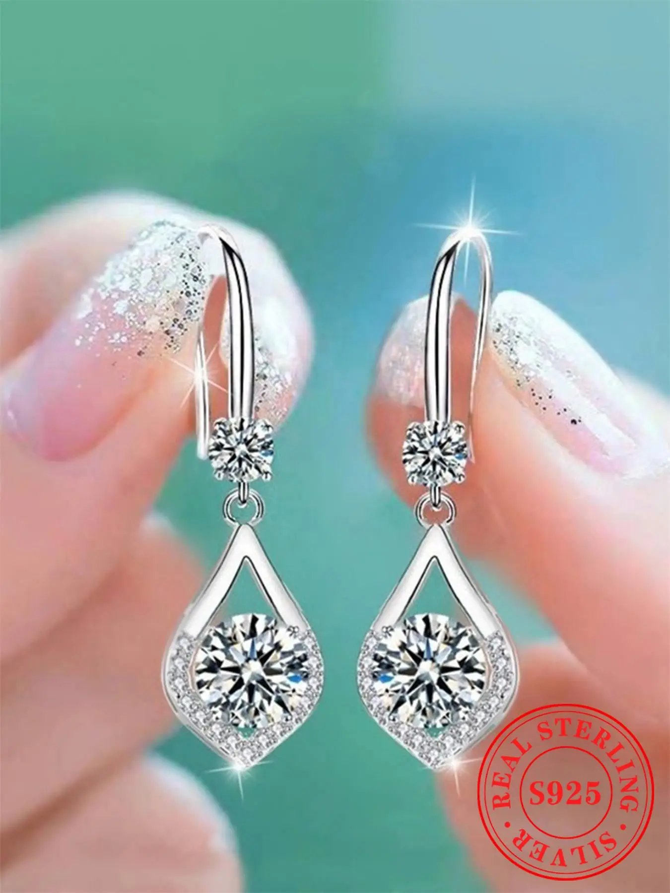 S925 Sterling Silver Elegant Glittering Water Drop Shaped Dangle Earrings, Fashionable Dangle Earrings for Women, Wedding Engagement Anniversary Gift