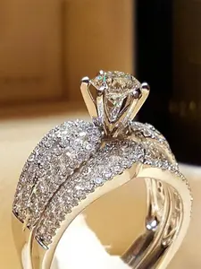 2 Piece Romantic Imitation Zircon Ring Set for Women, Artificial Zircon Ring, Engagement Rings, Wedding Engagement Anniversary Party Accessory Gift, Elegant Copper Design for All Seasons