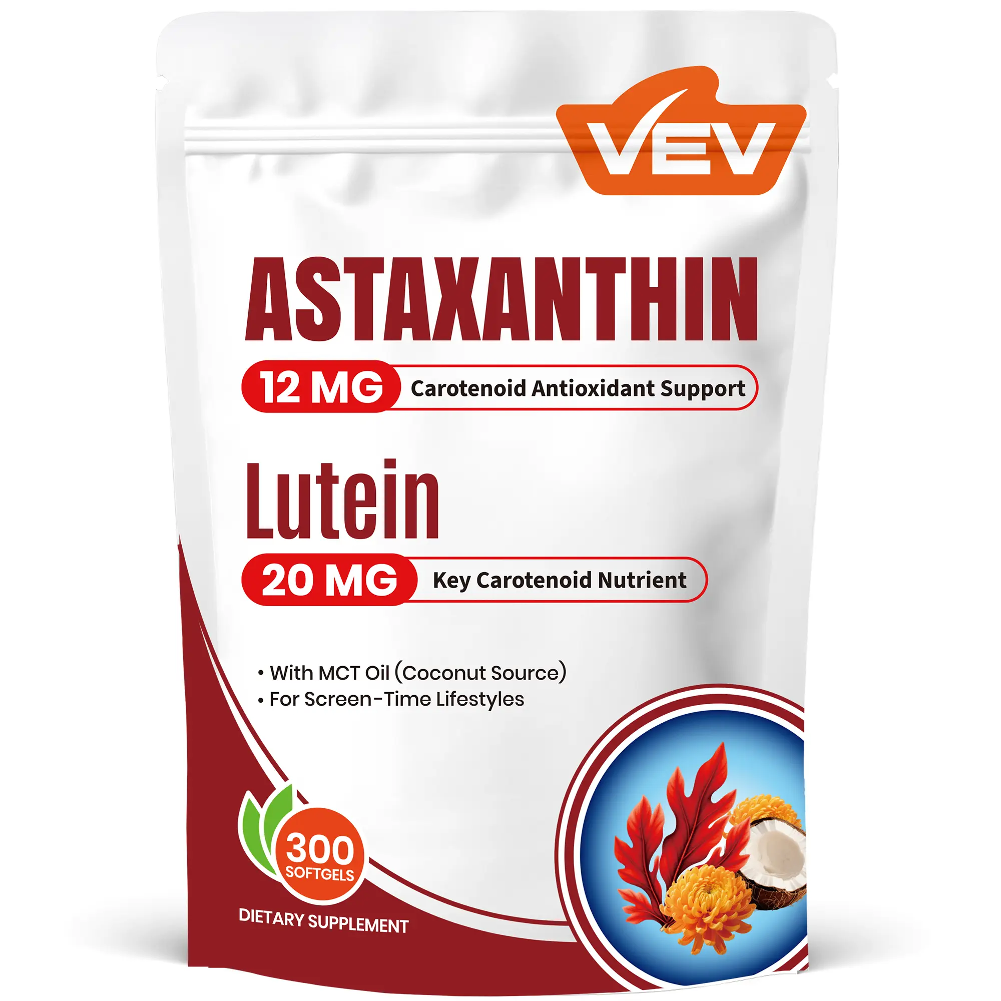 VEV Astaxanthin Lutein Saffron Softgels – 12mg, 20mg, 20mg with MCT Oil – 300 Count, Vegan Antioxidant Nutrient Supplement Antioxidant Capsules