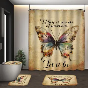 LVRLVR 4Pcs Musical Note Butterfly Vintage Print Retro Multi-Color Shower Curtain Set 70.8×70.8 Inch