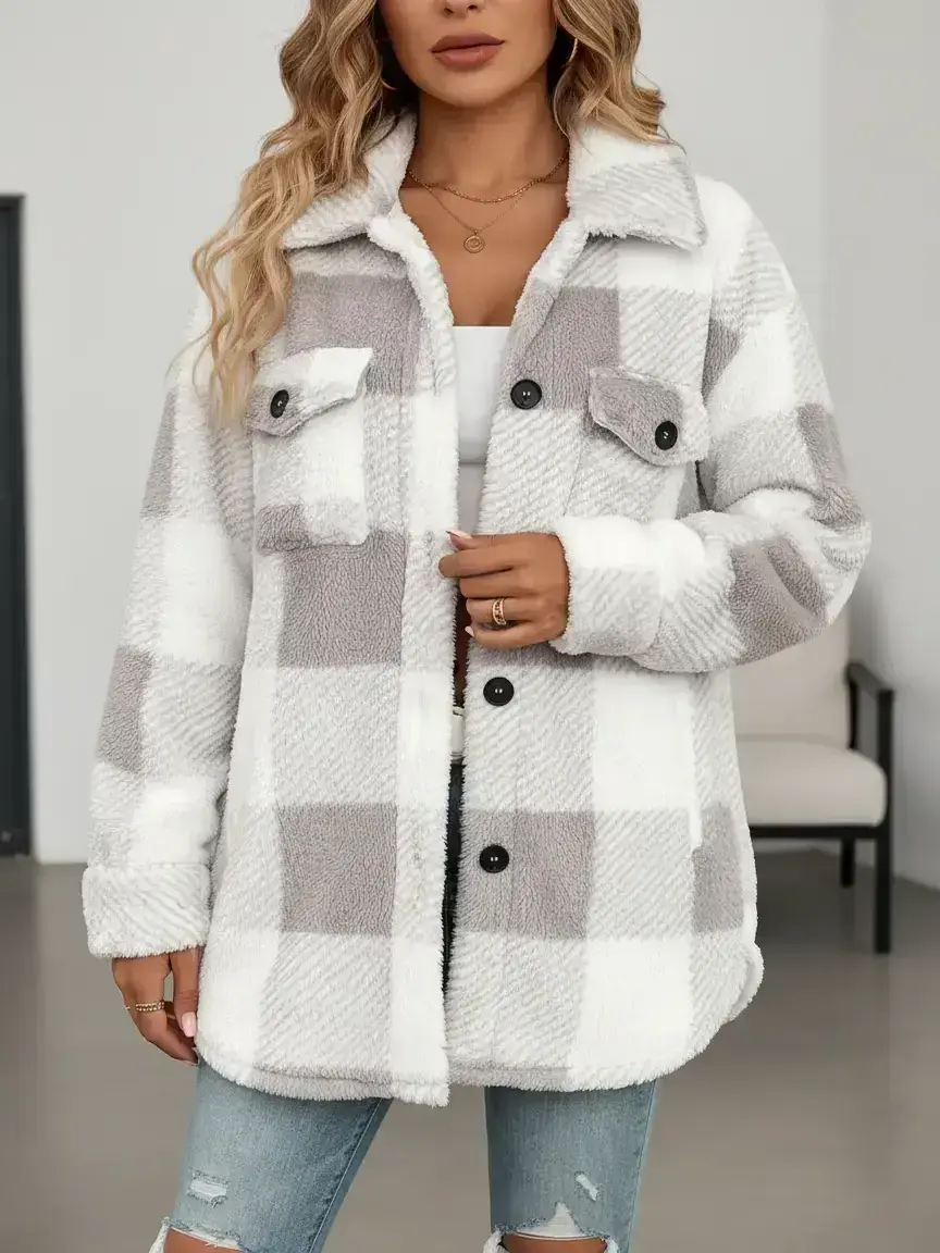Women's Plaid Soft Fuzzy Coat with Button Front , Casual Drop Shoulder For Fall & Winter Fashion Fitted Outerwear