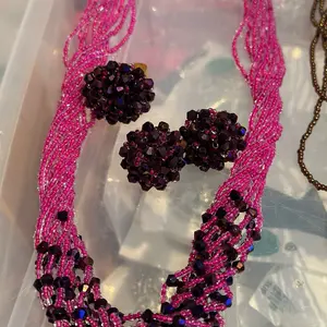 Pote necklace Set with ear rings and finger ring( pink purple mix color)