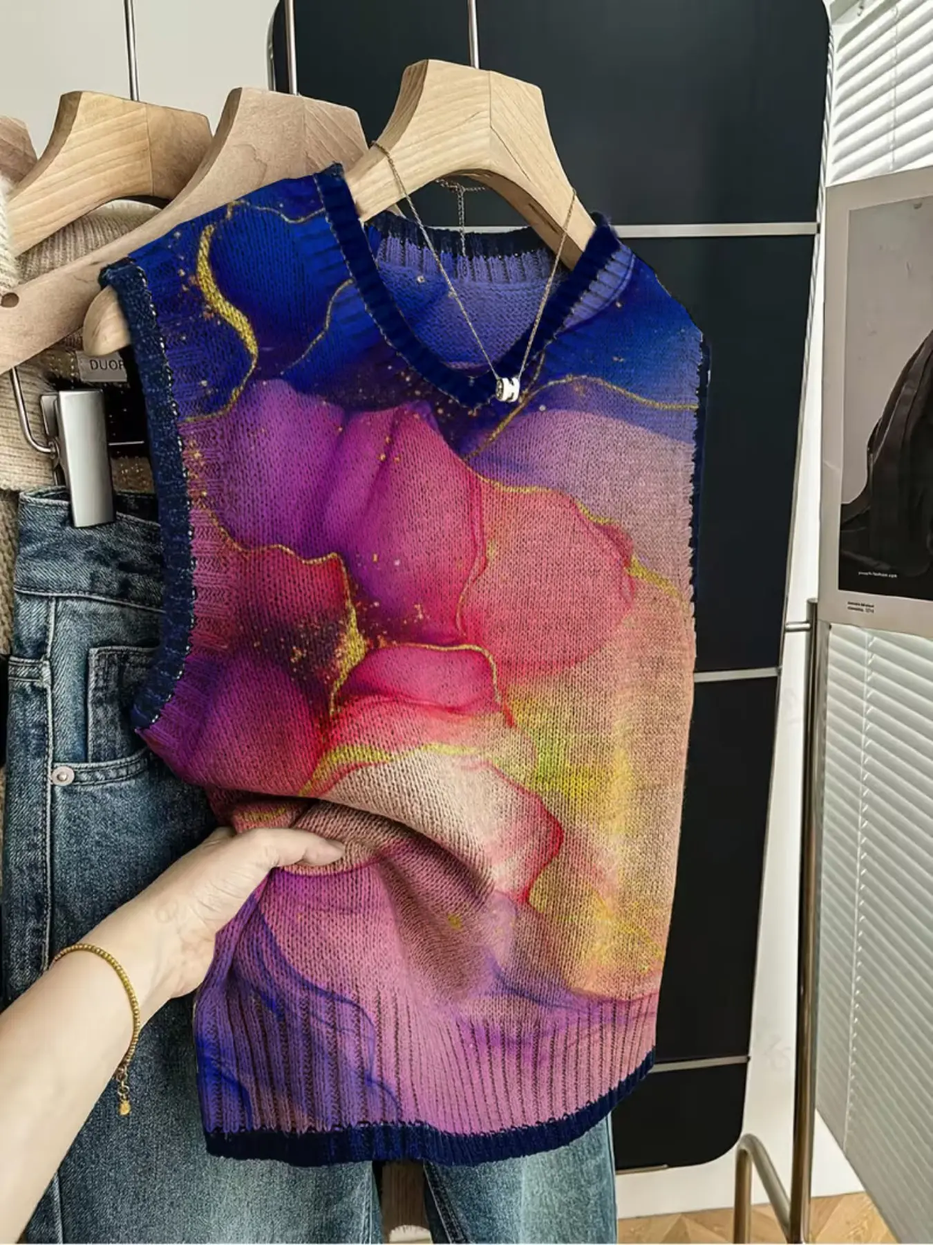 Spring Summer Elegant Women's Marble Print Vest Sweater, Casual Contrast Hem Short Sleeve Knitwear, Versatile Daily Wear Top