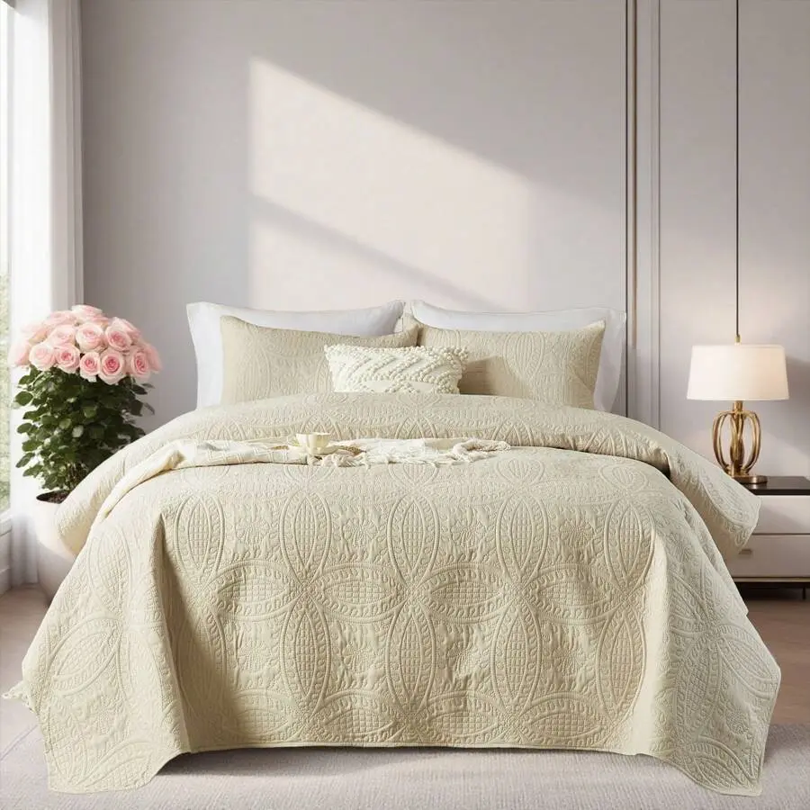 Quilt King/Queen Size With Pillow Shams, Modern Style Coin Pattern Coverlet For All Season, 3 Pieces Lightweight Coverlet Bedding Set For All Seasons