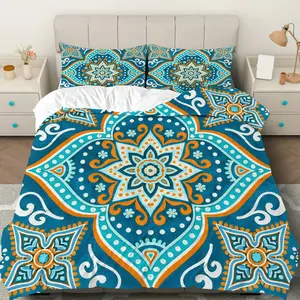 3PCS Duvet Cover Set, 1 Duvet+2 Pillowcases(Without filler), Bohemian Geometric Mandala Floral Swirl theme, Christmas bedding set, Ethnic Pattern Suitable for decoration bedroom, guest room, living room, dormitory.