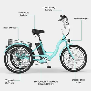 Electric Tricycles for Adults, Multiple Speeds and Tire Sizes, 26" 3 Wheel E-Bike with 350W Motor, Folding or Cruiser Frame