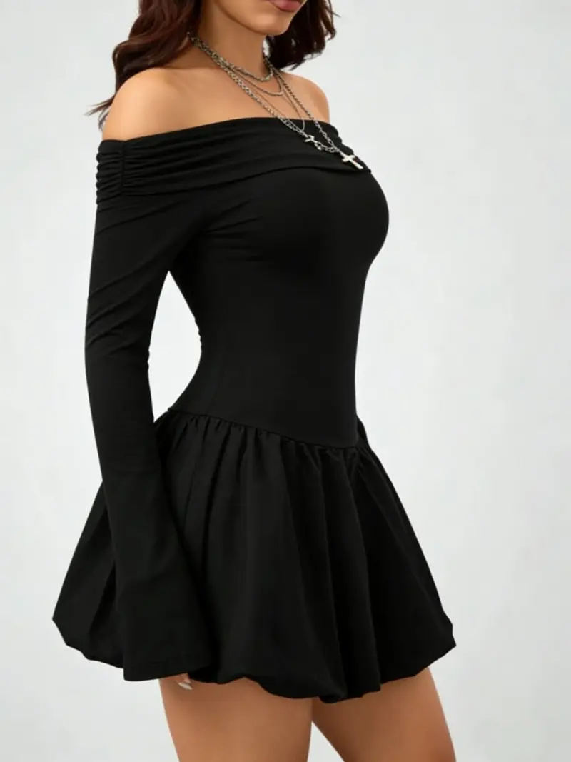 knee length dresses for ladies Martinez Long Sleeve Mini Dress Black