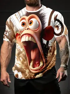 Men's 3D Digital Print T-Shirt, Casual Streetwear Fitted Short Sleeve Round Neck, 100% Polyester, Perfect Holiday Gift for Men