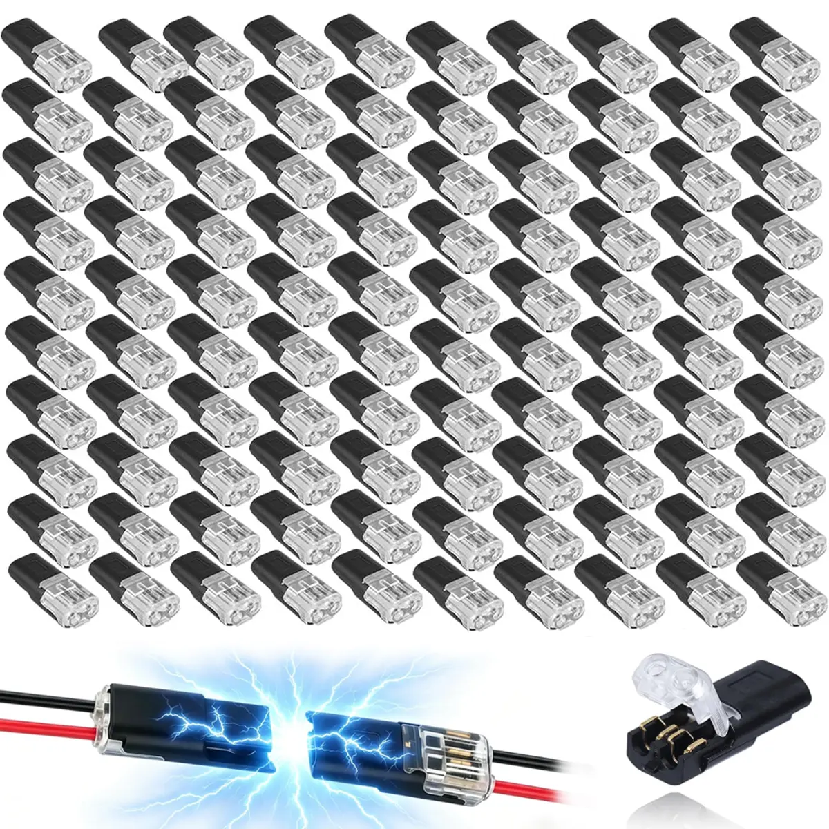 100pcs Double Wire Plug in Connector with Locking Buckle, Low Voltage 2 Pin LED Light Wire Connectors, No Tool Quick-Clip Snap-On Block for 18-22 AWG for DIY Strip Lights, Model, Car, Speaker