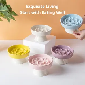 Ceramic Slow Feeder Cat Food Bowl, Anti-Tip Design, Mushroom-Shaped Base Pad, Durable Ceramic Material, High-Heeled Slanted Mouth