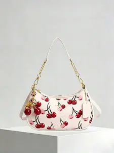 Simple and high-end retro personalized cherry print handbag, chain shoulder strap splicing design, elegant atmosphere retro exquisite style single shoulder crossbody bag, suitable for daily commuting and shopping