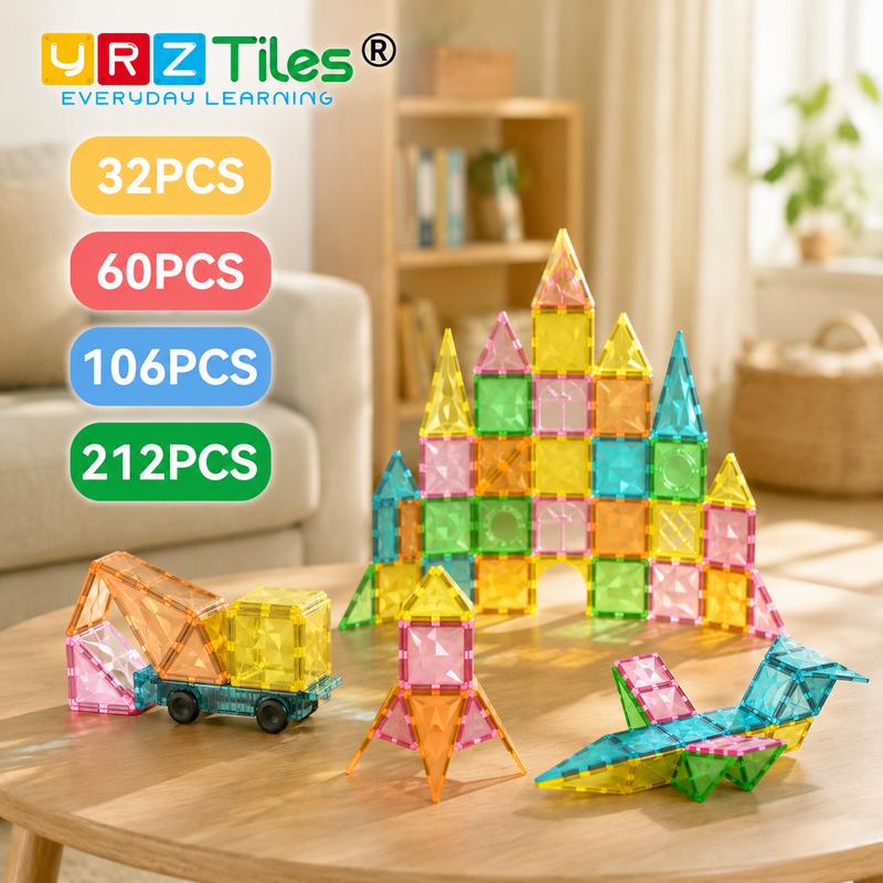 YRZTILES Magnetic Building Block Kit - TikTok Hot 32/60/106/212PCS Preschool STEM DIY Building Block Set, Stackable Cubes, Magnetic Snap-Build Sensory Toy for Toddlers with Math Thinking Play, Open Ended Play Bricks