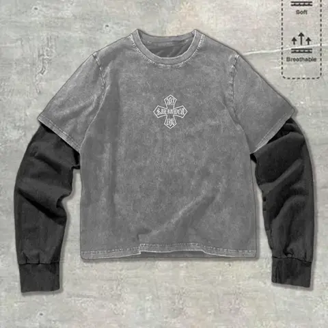 Oversized Vintage Wash Faux Two-Piece Crewneck Long Sleeve T-shirt - Black Gray Contrast Layered Top with Embroidered Cross, Graphic, Unisex Grunge Streetwear, Casual Streetwear Tops, Fall Essential, Soft Breathable Casual