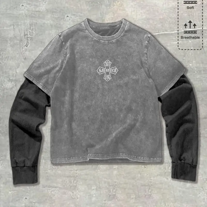 Oversized Vintage Wash Faux Two-Piece Crewneck Long Sleeve T-shirt - Black Gray Contrast Layered Top with Embroidered Cross, Graphic, Unisex Grunge Streetwear, Casual Streetwear Tops, Fall Essential, Soft Breathable Casual